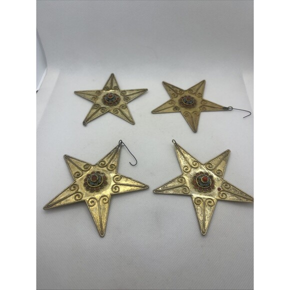 Nepal Gold Brass Tone Star Coral Turquoise Handmade Amulet Pendent, Ornament 4" - Picture 1 of 8